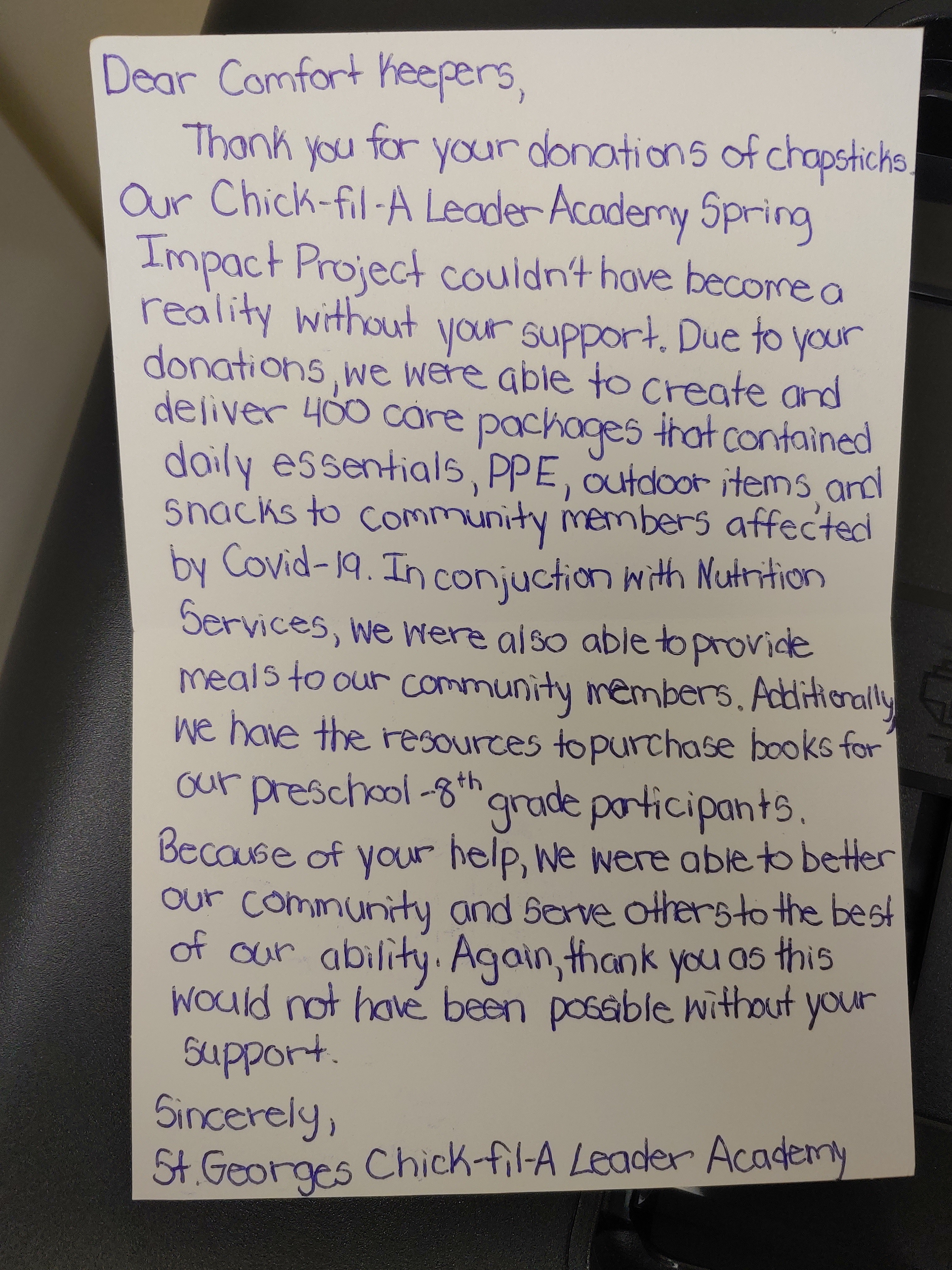 thank you letter for chick-fil-a academy spring project donations