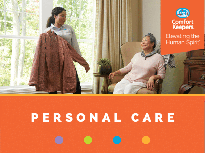 Comfort Keepers Home Care Graphic for Personal Care Services - shows a caregiver holding up clothes to help senior client pick what to wear