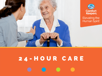 Comfort Keepers Home Care Graphic for 24-Hour Care - photo of caregiver touching a senior's shoulder.