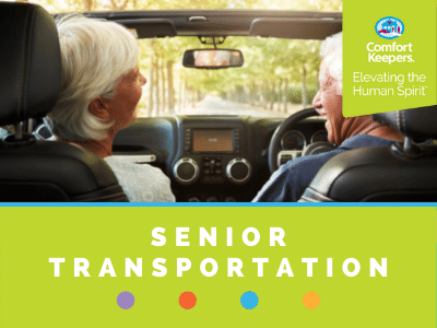 Comfort Keepers Home Care Graphic for Senior Transportation - shows an elderly couple driving in their car