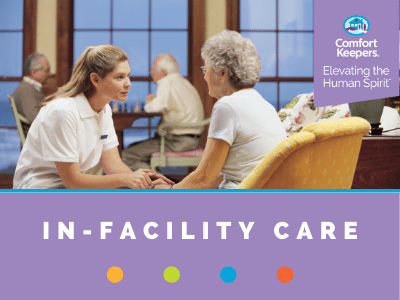 Comfort Keepers Home Care Graphic for In-Facility Care - photo of caregiver holding hands with a senior inside a nursing home.