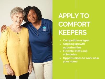 Comfort Keepers Home Care Is Hiring - Graphic Shows List of Benefits (Competitive Wage, Growth Opportunities, Flexible Shifts, Work Near Home)