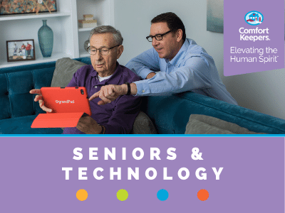 Comfort Keepers Home Care Graphic for Seniors and Technology - shows a caregiver teaching senior how to use a smart tablet