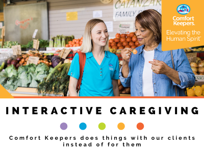 caregiver providing home care in a food shop 