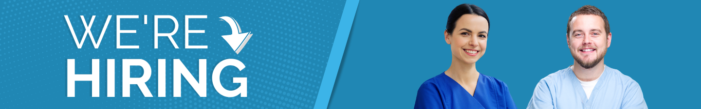 hiring banner with male and female caregiver smiling 