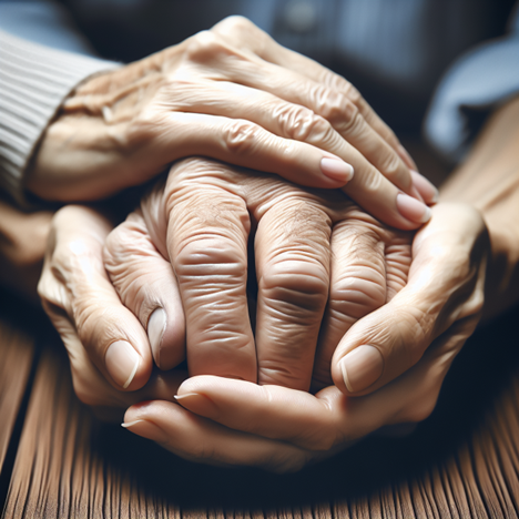 Senior and Caregiver Holding Hands Together on Top of Wooden Table