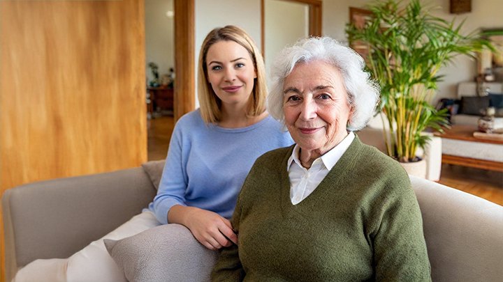 Caregiver and senior woman sitting on couch in senior womans home looking at camera