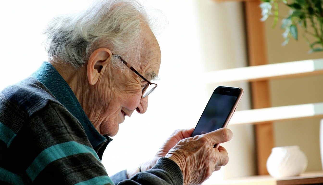 A senior using a smartphone to connect with loved