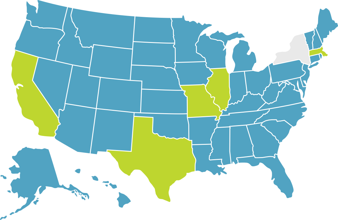 Map of United States showing which states currently have featured and available territories