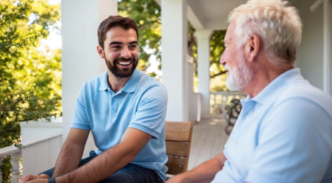 Young caregiver in polo shirt chatting with an older man on a sunny porch.
