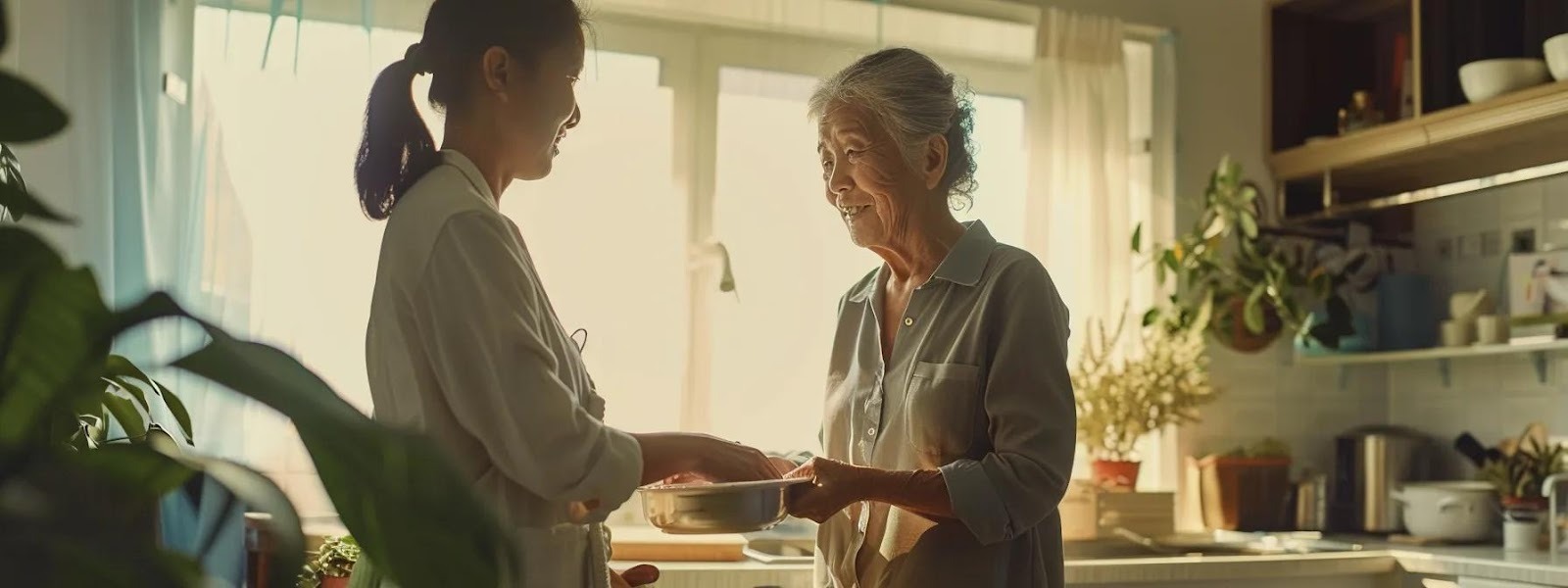 a compassionate caregiver attentively assists a senior in a bright, well-organized living space, showcasing a supportive environment for personal care and health management.