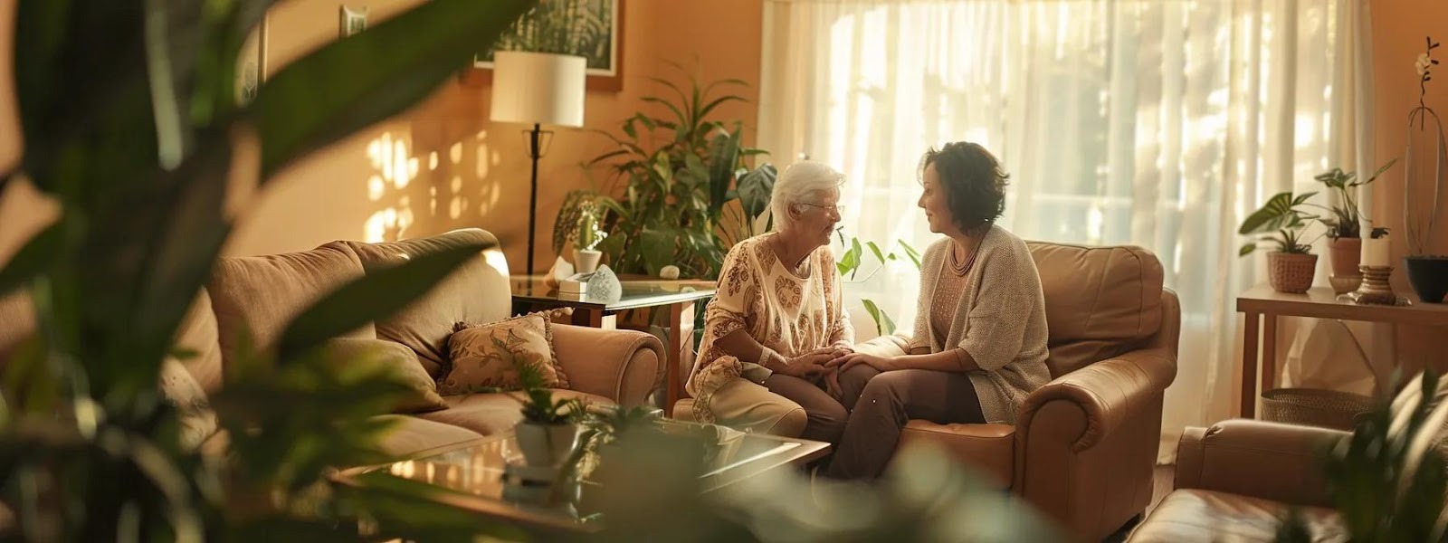 a warm, inviting living room setting features a compassionate caregiver engaging attentively with a senior client, showcasing the bond of trust and support that enhances emotional well-being in in-home senior care.