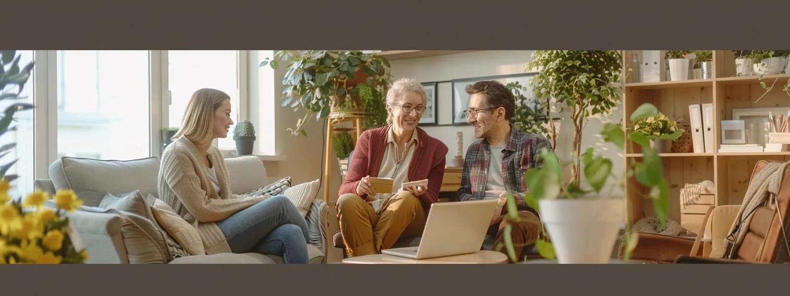 a modern office setting where a compassionate caregiver discusses in-home senior care options and transparent pricing with a concerned family, highlighting the importance of quality care and financial planning.