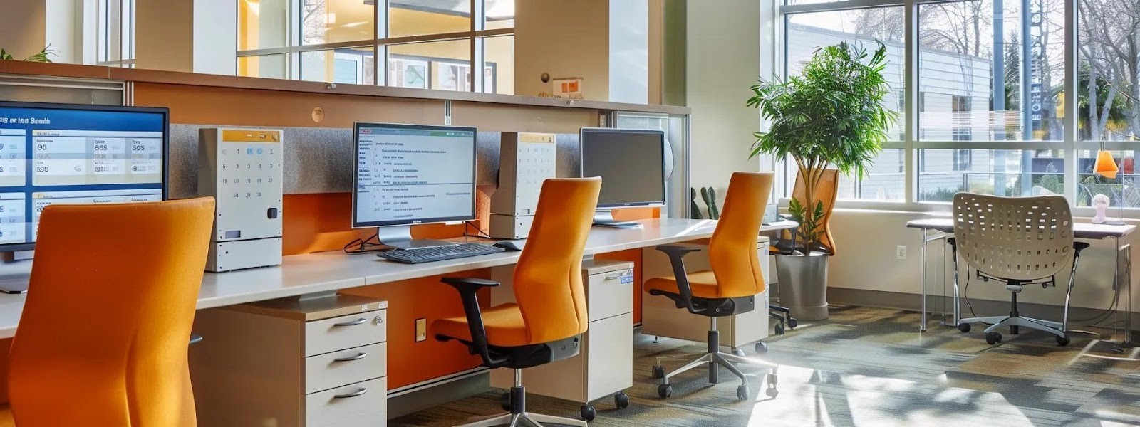 a modern, bright office space showcases a digital scheduling interface on a sleek computer screen, symbolizing the adaptability and convenience of flexible senior care services tailored to diverse family needs.