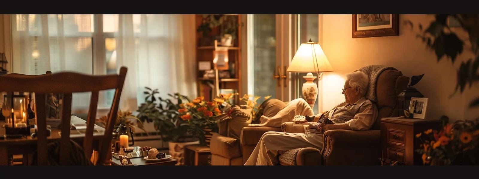 an inviting, warmly lit living room showcases a compassionate caregiver engaging with a senior individual in a cozy armchair, surrounded by personal mementos, highlighting the essence of personalized in-home senior care and companionship.