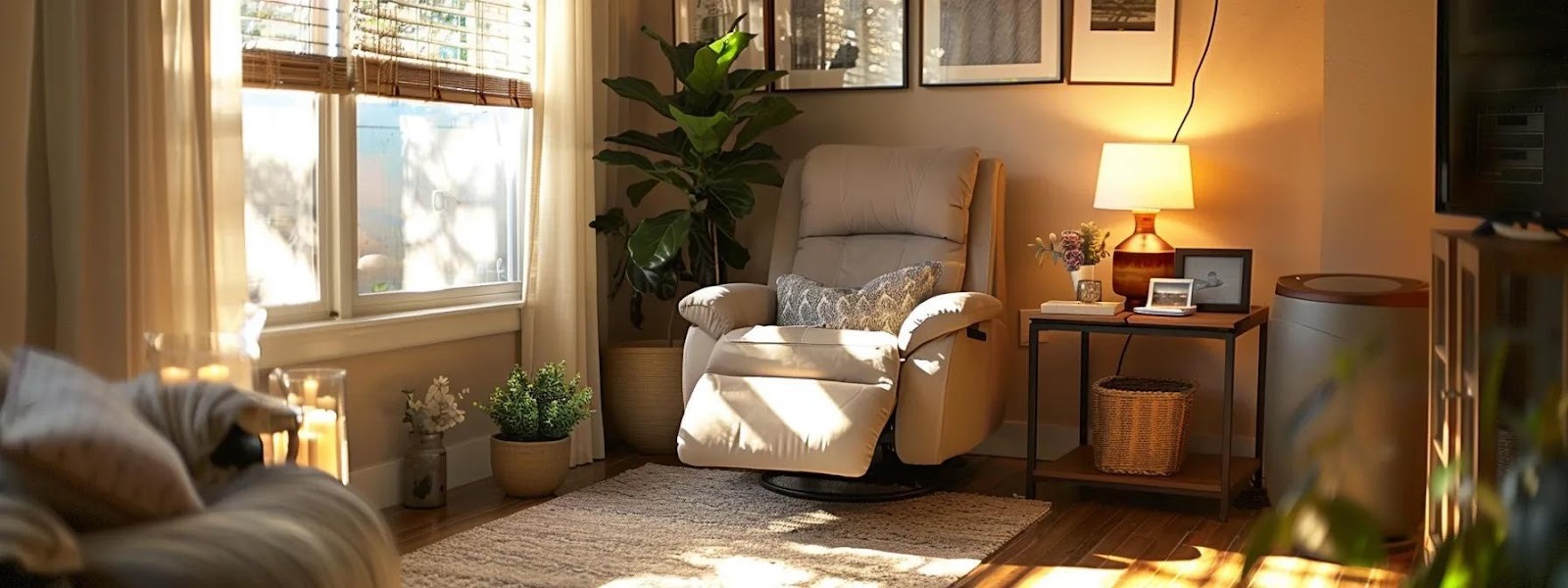 a cozy, well-lit home living room in sacramento, ca, furnished for recovery, featuring a comfortable recliner, medical supplies neatly arranged, and soothing decor that promotes healing and relaxation.