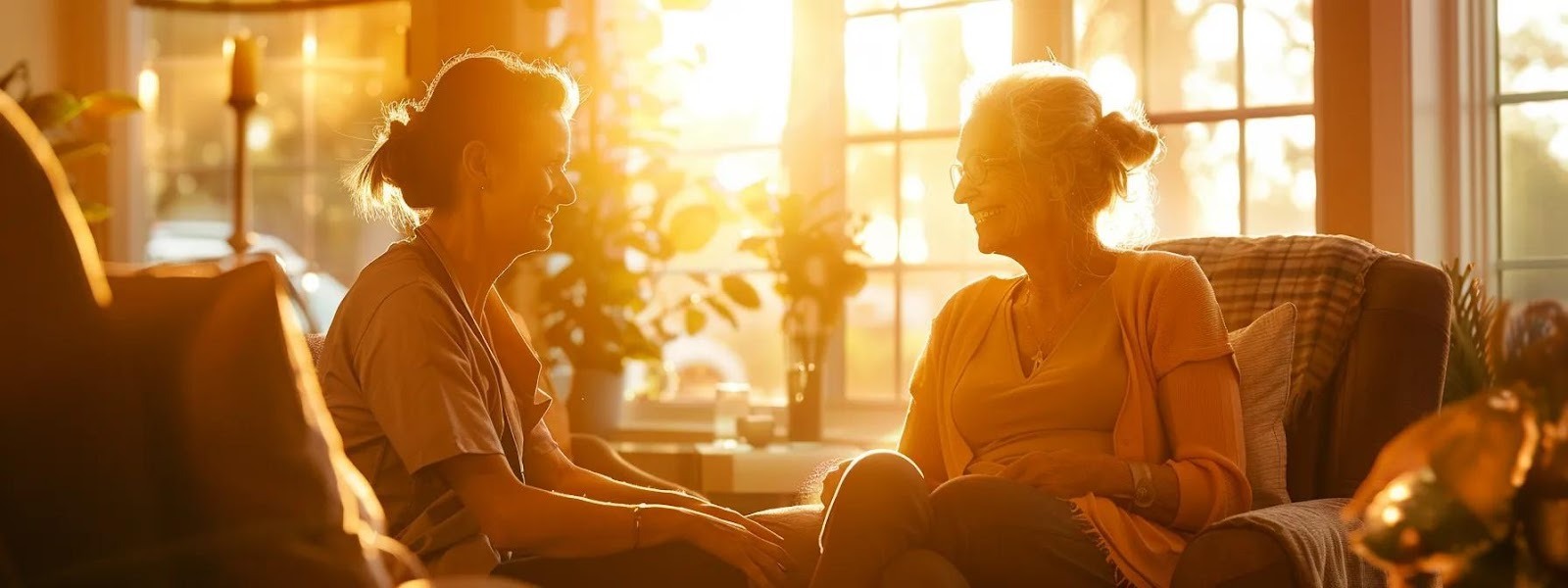 a compassionate caregiver in a warmly lit, modern sacramento healthcare facility engages with a smiling elderly resident, creating an atmosphere of trust and supportive dementia and alzheimer's care.