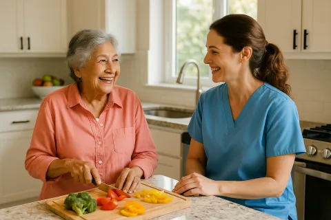 Senior woman enjoying conversation with caregiver while preparing a meal in a bright Los Lunas home kitchen.