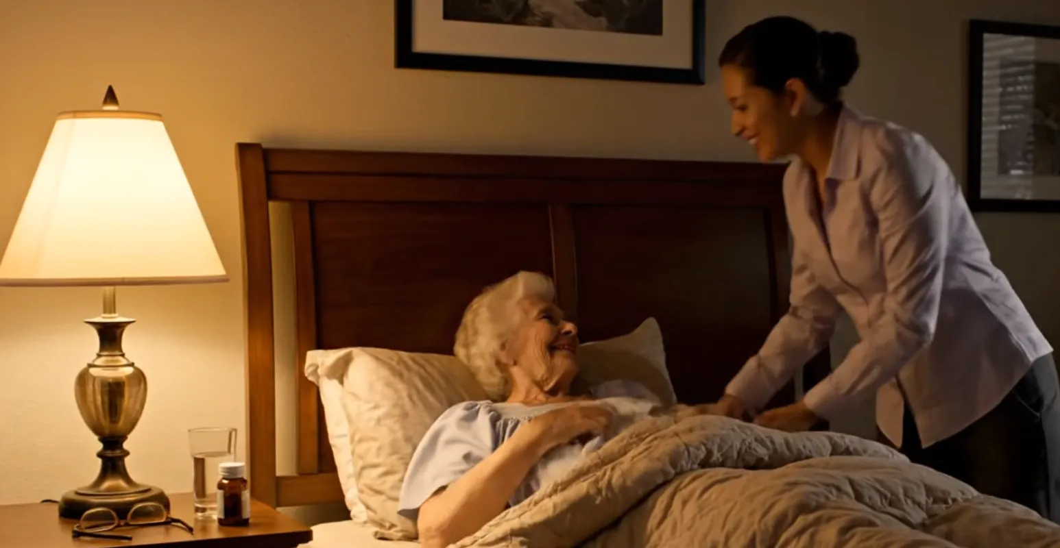 Caregiver tucking a durango senior in bed as part of seniors 24 hour care