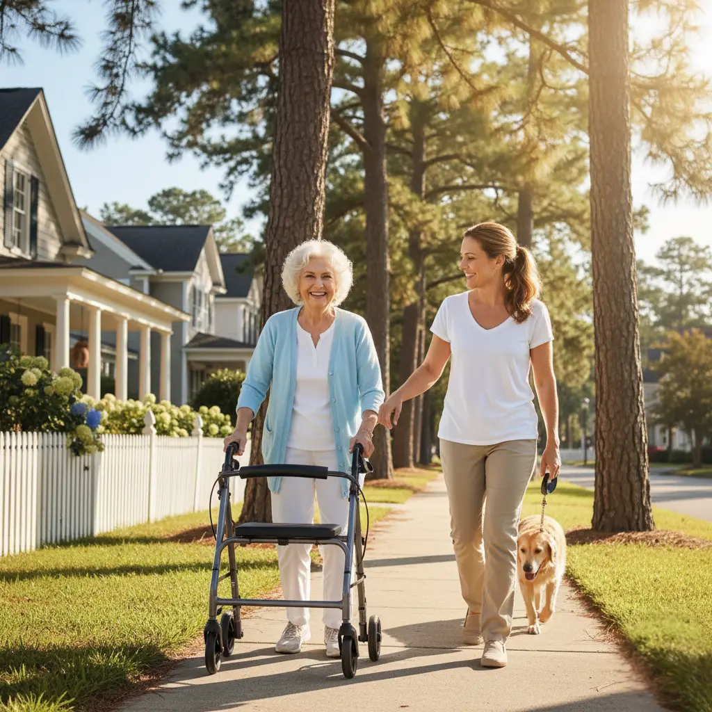 Southern Pines caregiver walking with smiling senior outdoors