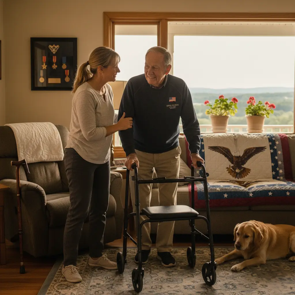 Comfort Keepers caregiver helping veteran with mobility at home in North Carolina