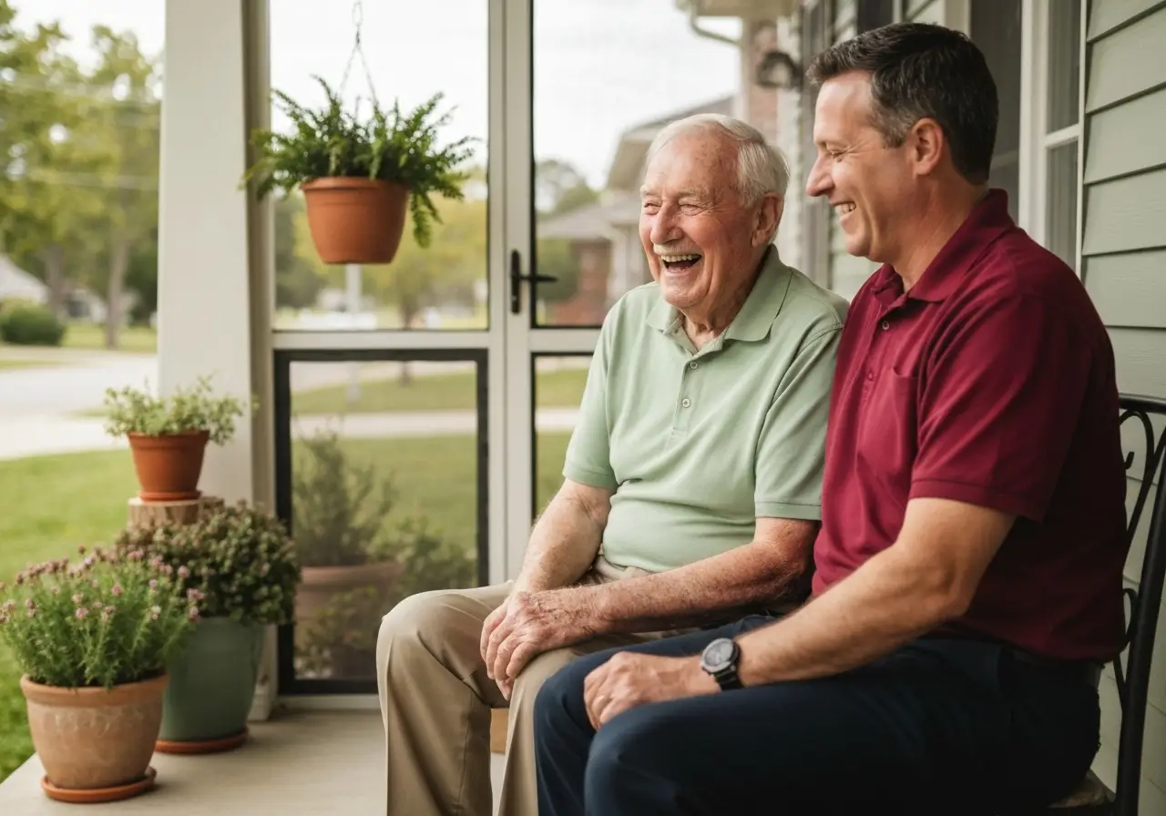 Senior man and caregiver laughing together on a sunny Los Lunas front porch