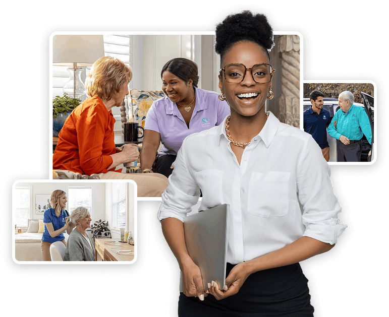 Woman standing with a lapptop, in business black slacks and a white button down shirt, curly black hair gathered in a sleek updo smiling warmly