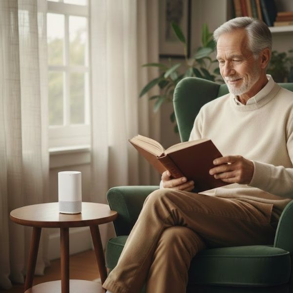 A senior man relaxing in an armchair reading a book