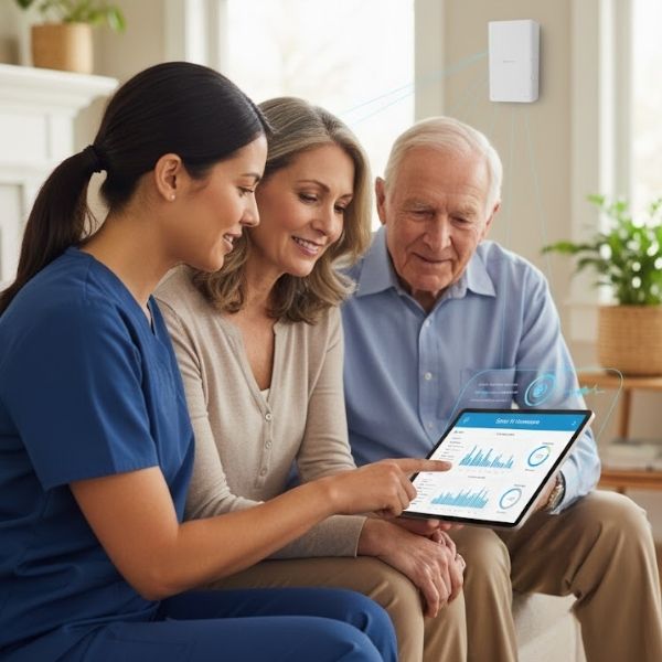 A Comfort Keepers caregiver in a blue uniform sitting with an adult daughter reviewing health data on a tablet, showing how Sensi AI homecare supports human care