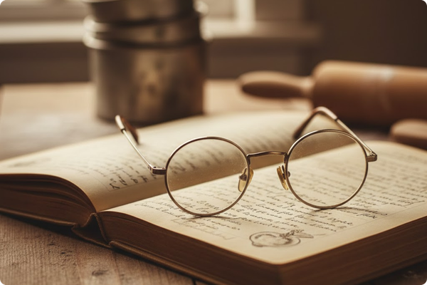A nostalgic, soft-focus image of a vintage pair of reading glasses resting on an old handwritten recipe book, symbolizing the caregiving roots passed down from the owner's grandmother