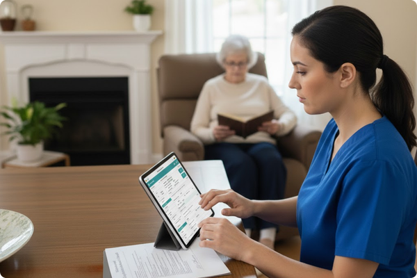 A professional Comfort Keepers caregiver in Franklin VA meticulously updating a digital care plan in a senior's home