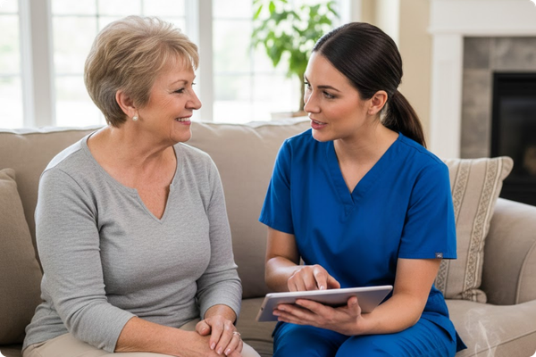 An elderly woman sitting comfortably on her sofa while a caregiver explains a care plan