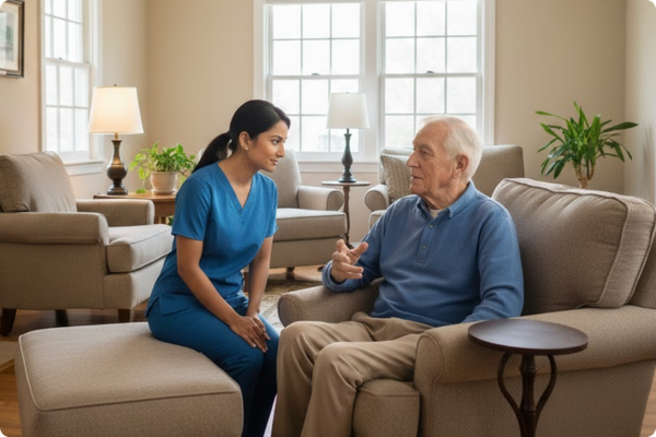 A Comfort Keepers caregiver listening intently to a senior man during a home visit