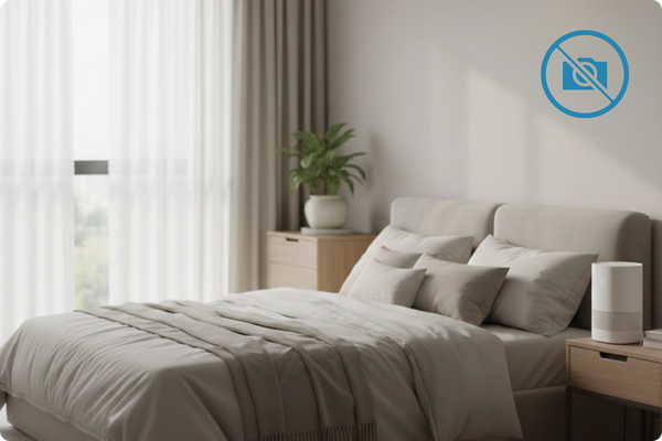 A peaceful, private bedroom scene with a "No Camera" symbol stylized in a soft, elegant watermark