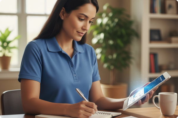 A professional caregiver looking at a tablet taking notes