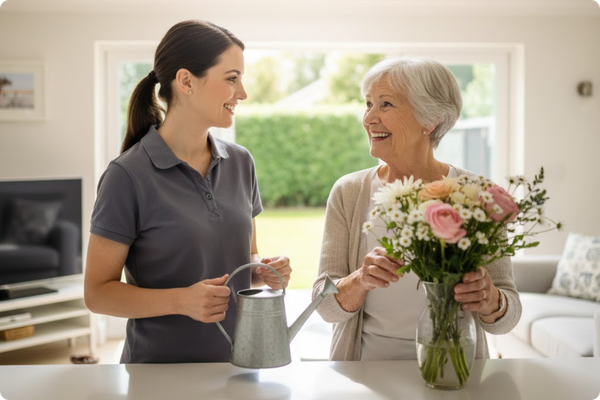 a senior maintaining their total independence at home while building a relationship with their caregiver