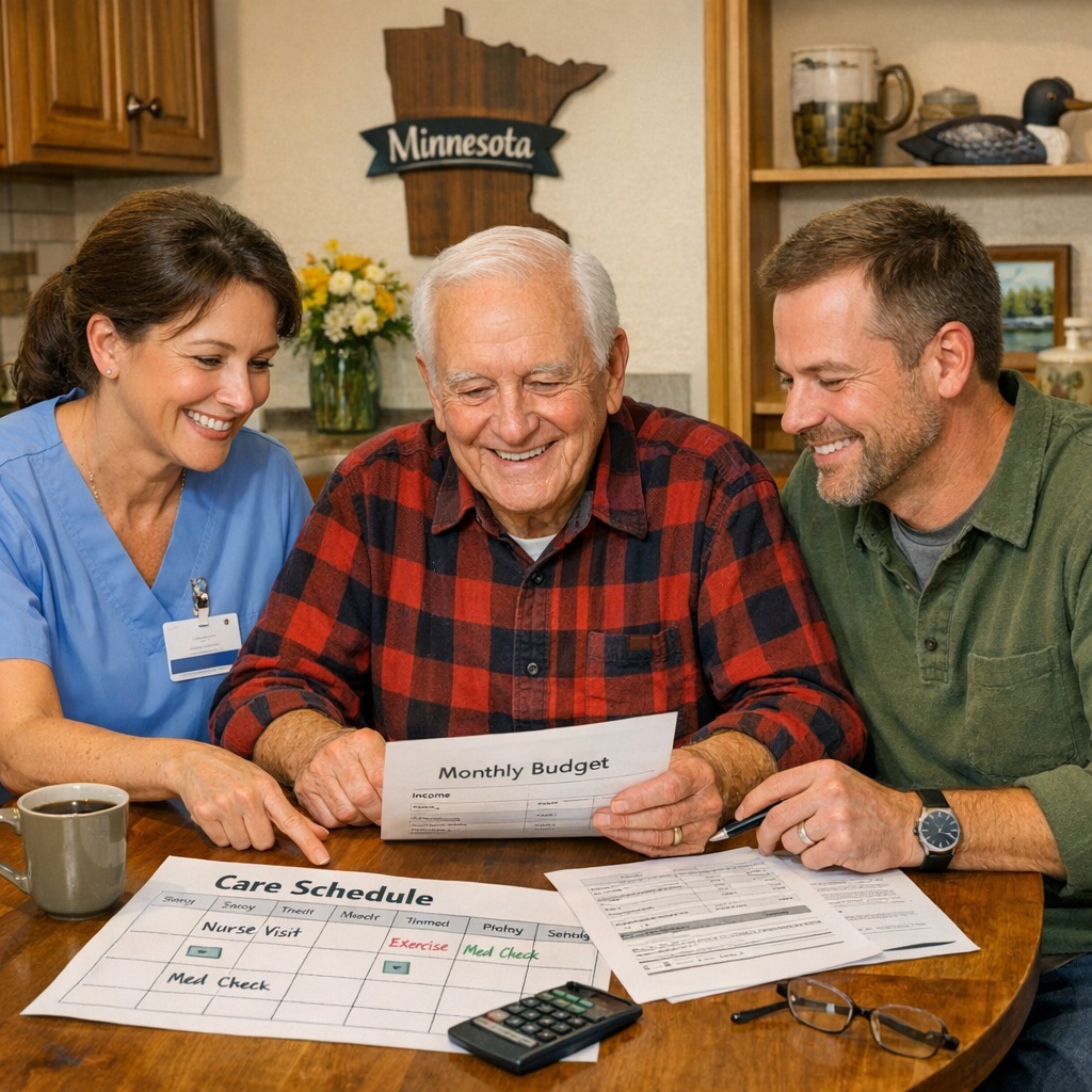 Senior in a Minnesota kitchen reviewing a simple budget and care calendar with an in-home caregiver…
