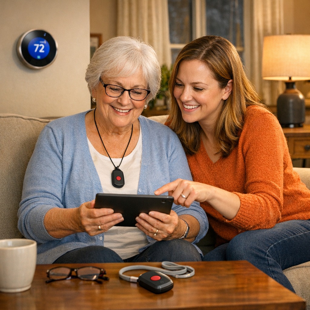 Warm welllit living room in a Twin Cities home with an older adult and adult daughter reviewing a tablet together In the background are visible smart