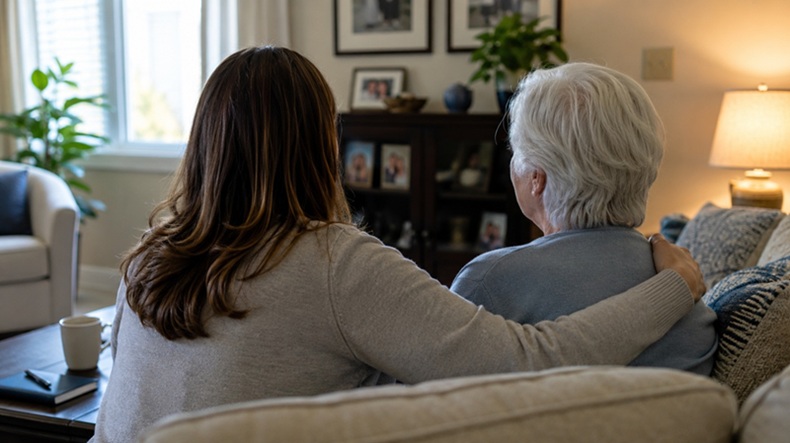 Adult daughter comforting elderly parent during home care conversation in cozy living room