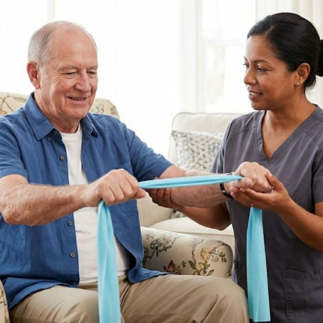 caregiver helps senior with an exercise