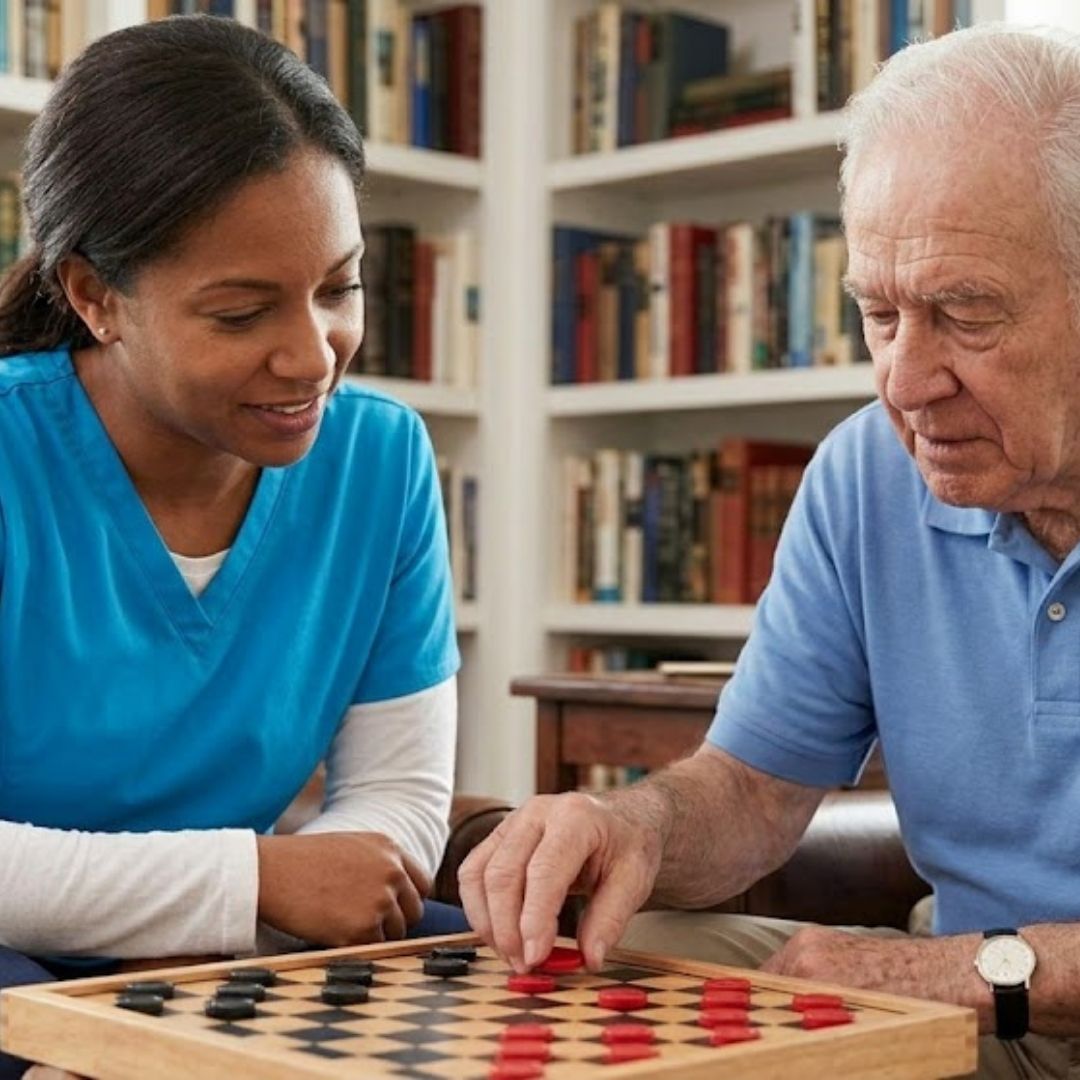 caregiver playing checkers with a senior