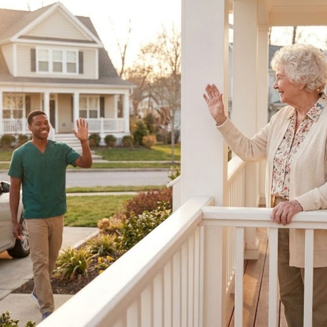 senior waving to their in-home caregiver
