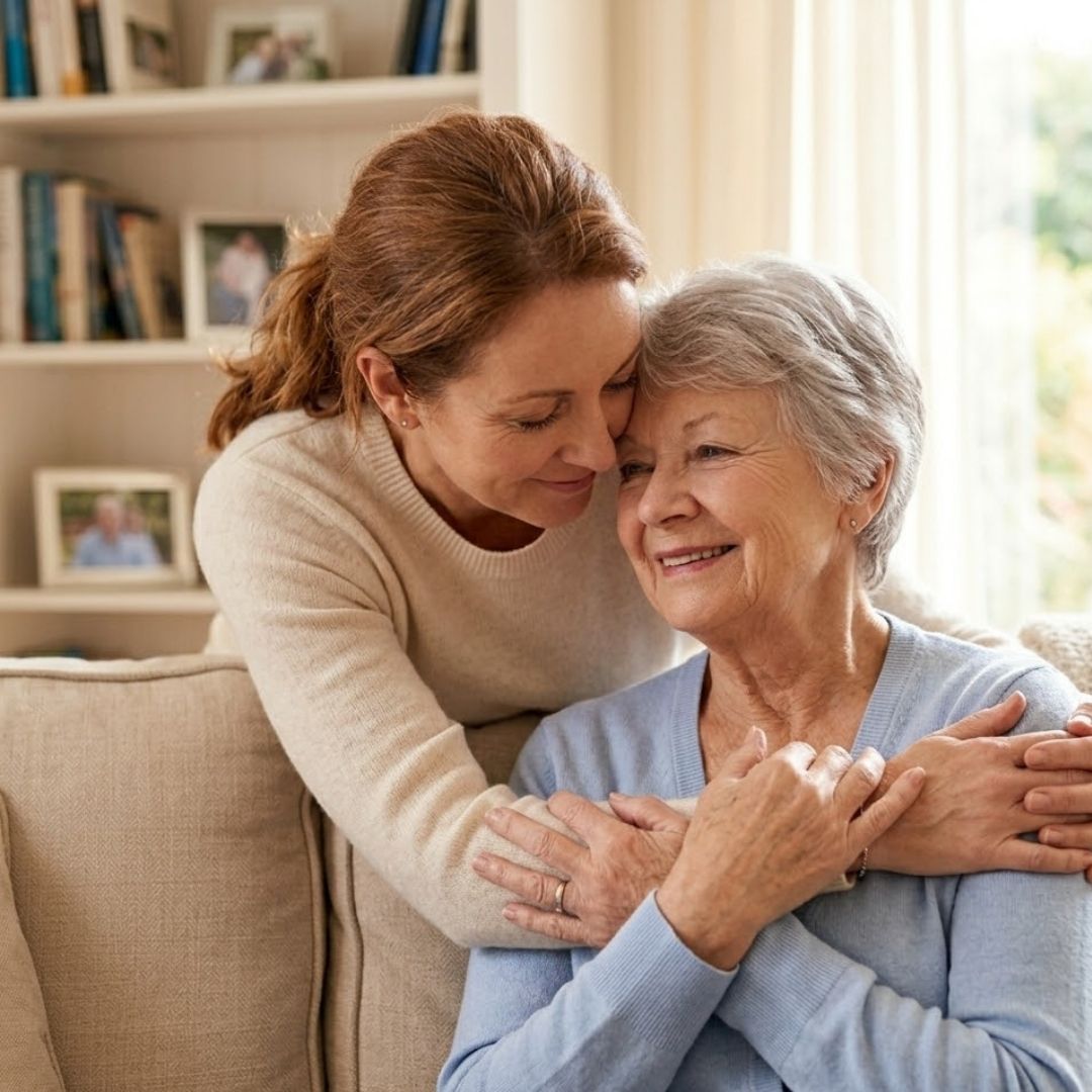 daughter hugging senior mother