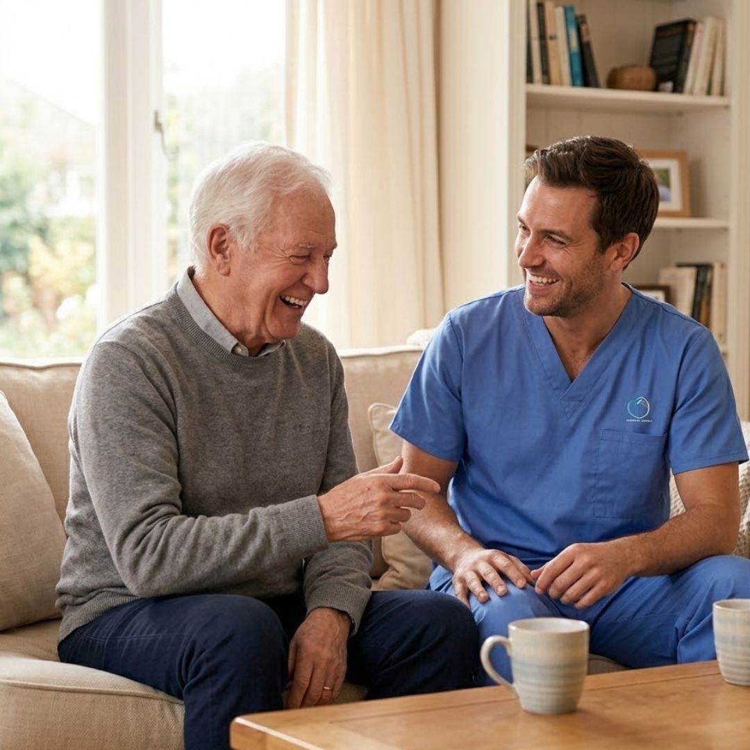 respite caregiver having coffee with a patient