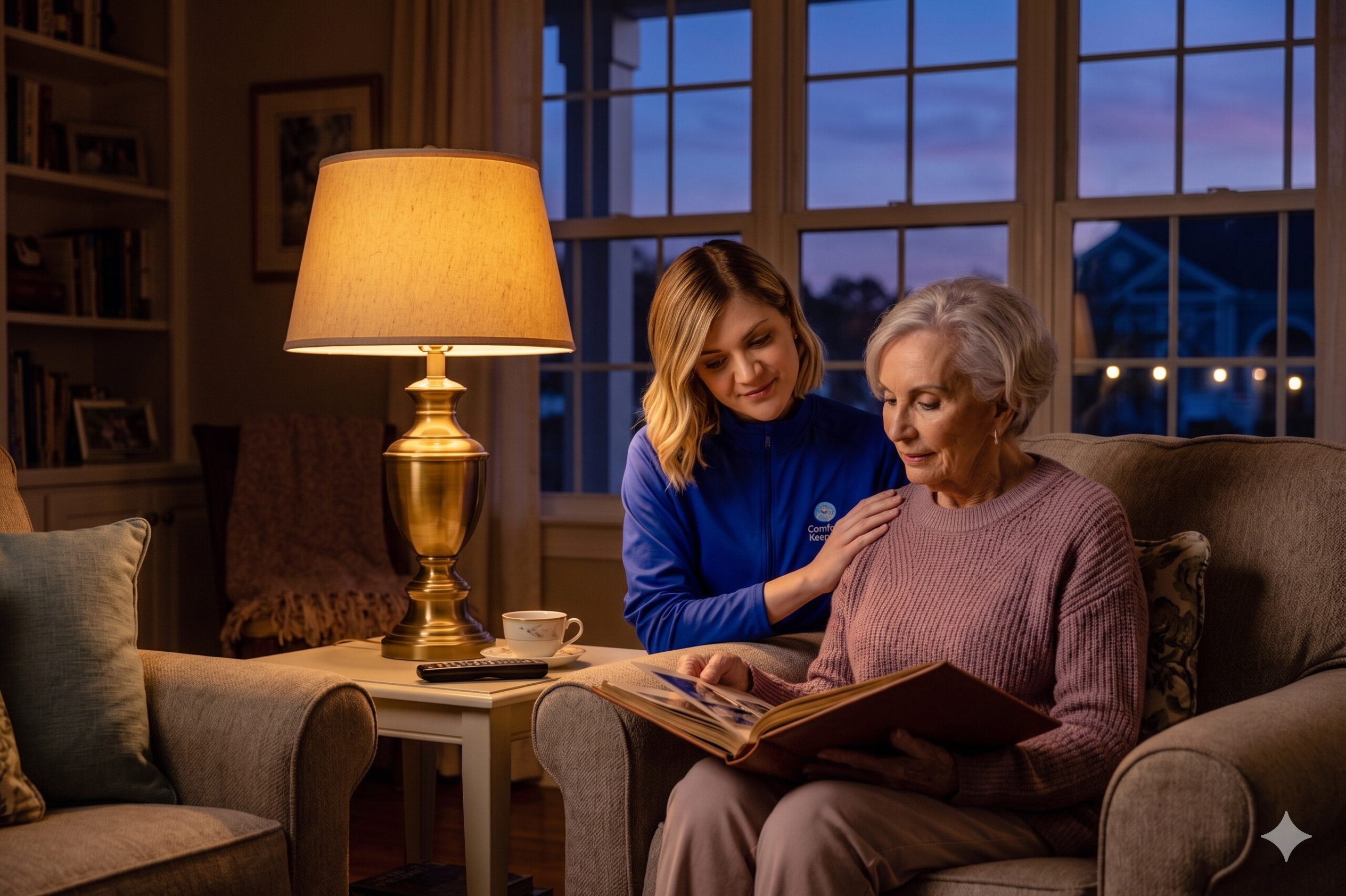 A caregiver sitting calmly with an older adult under warm lamplight in a Gloucester County home at dusk