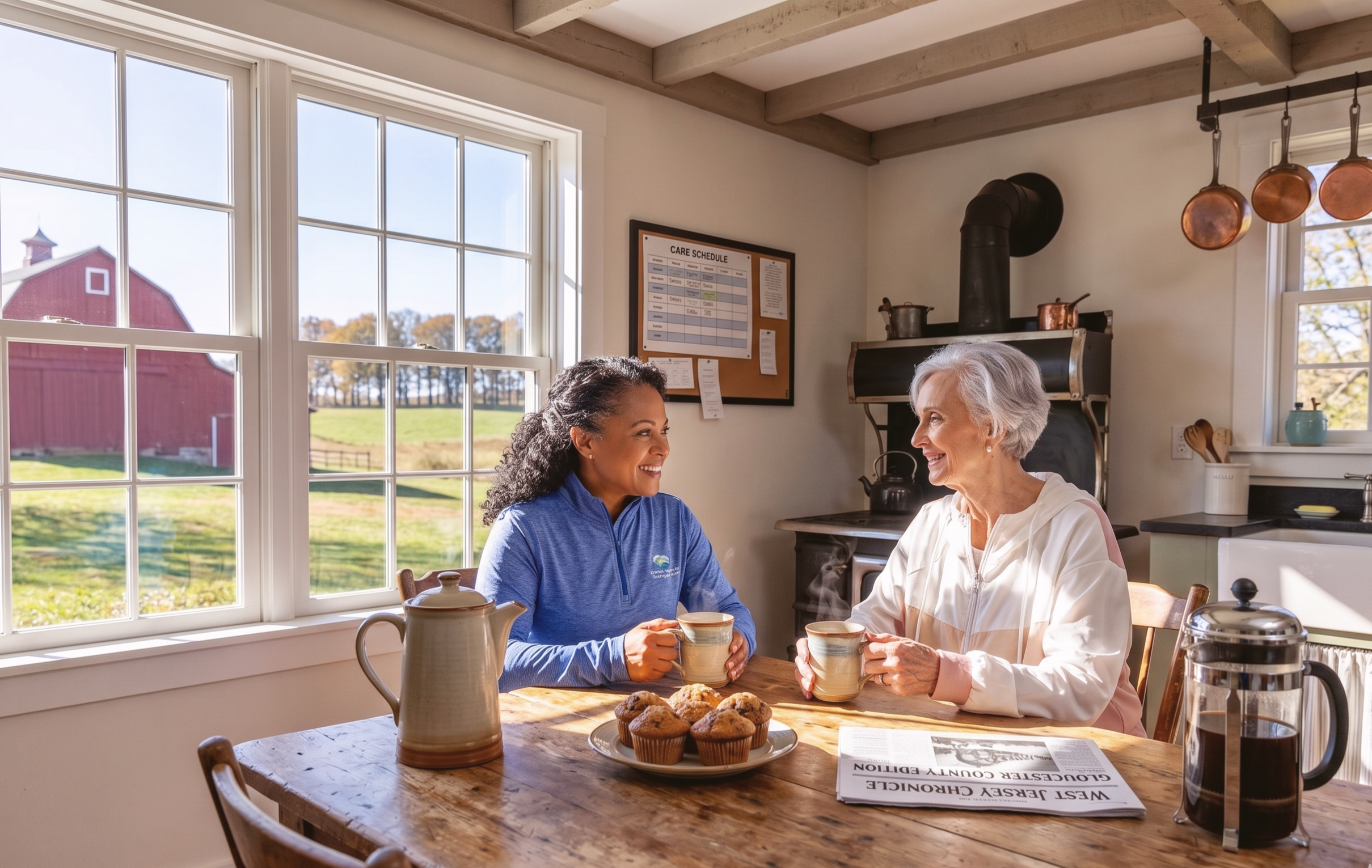 A live-in caregiver and an older woman sharing morning coffee at a farmhouse kitchen table in western Gloucester County, NJ