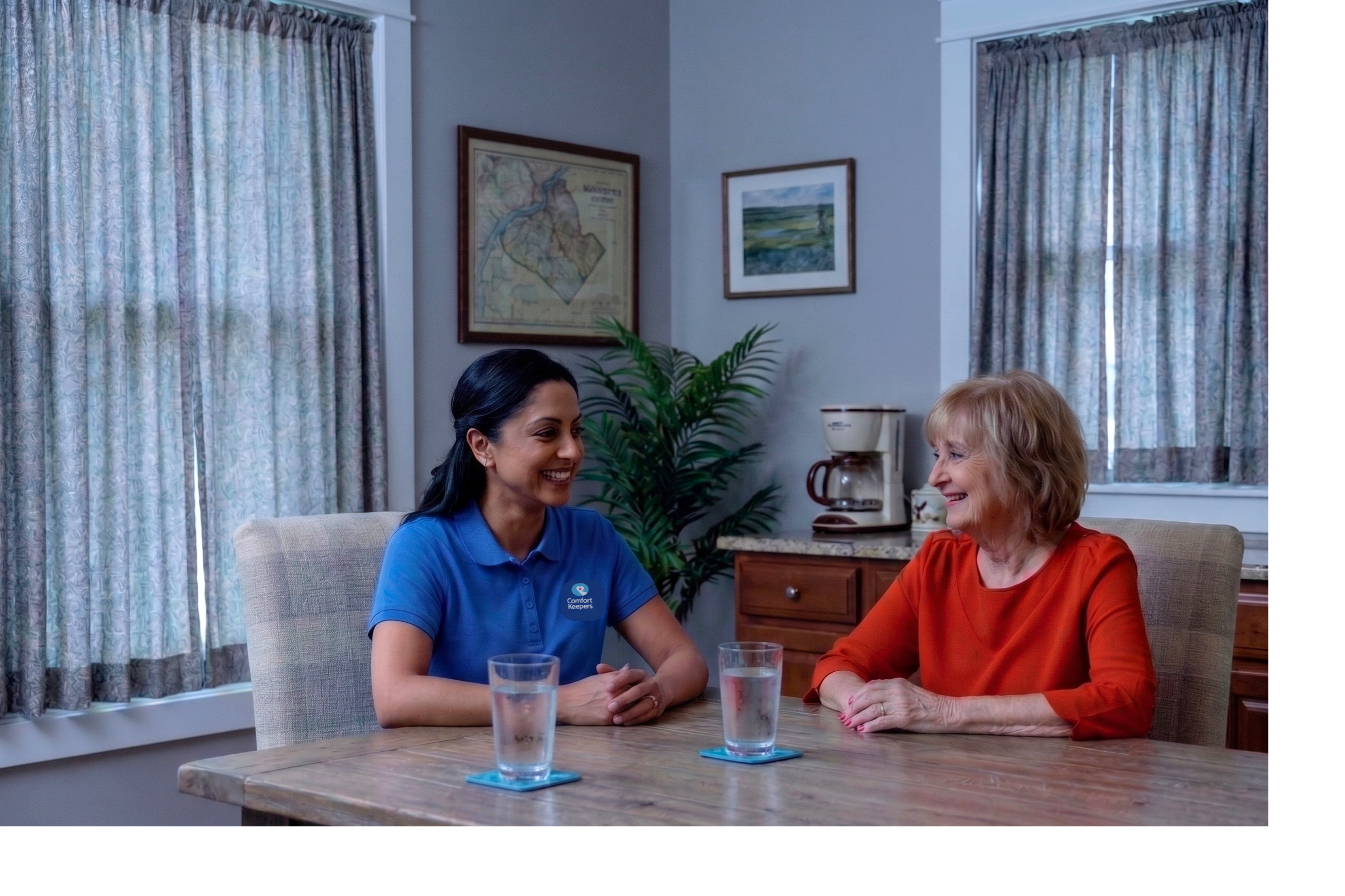 A caregiver and an older adult in a cool, shaded Gloucester County kitchen with a glass of water