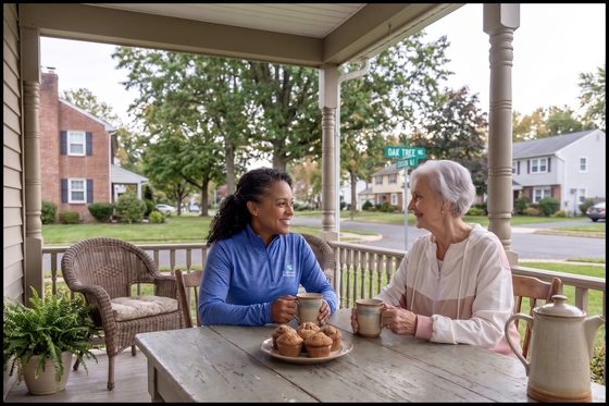 Live-in caregiver and a senior having coffee on the front porch of an Edison, NJ home