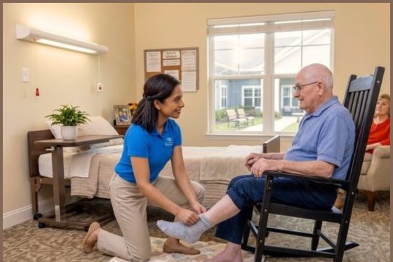 Caregiver helping a senior man put on his socks while getting dressed, Edison, NJ