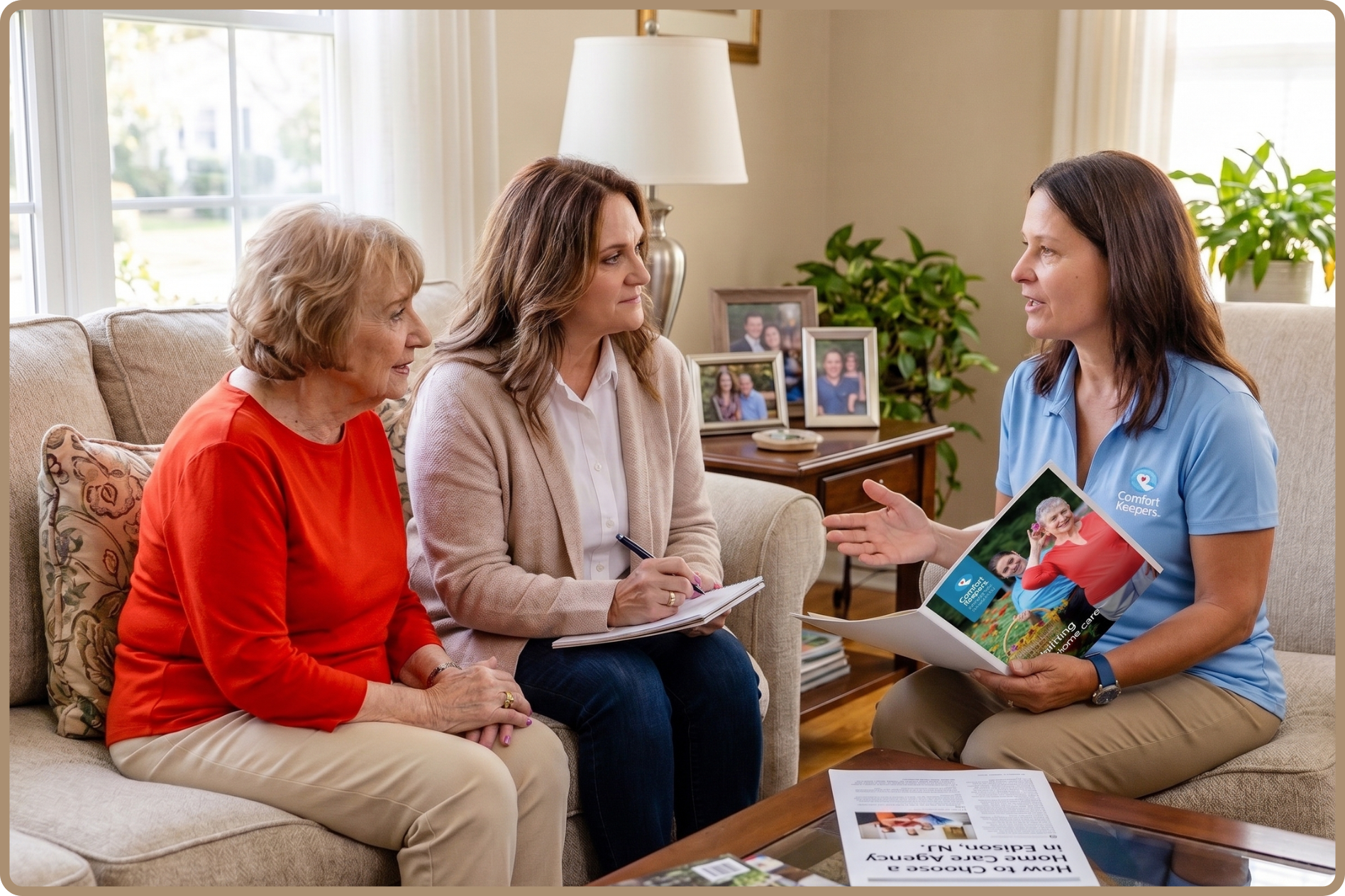 Mother and adult daughter meeting with a Comfort Keepers nurse about in-home care in Edison, NJ
